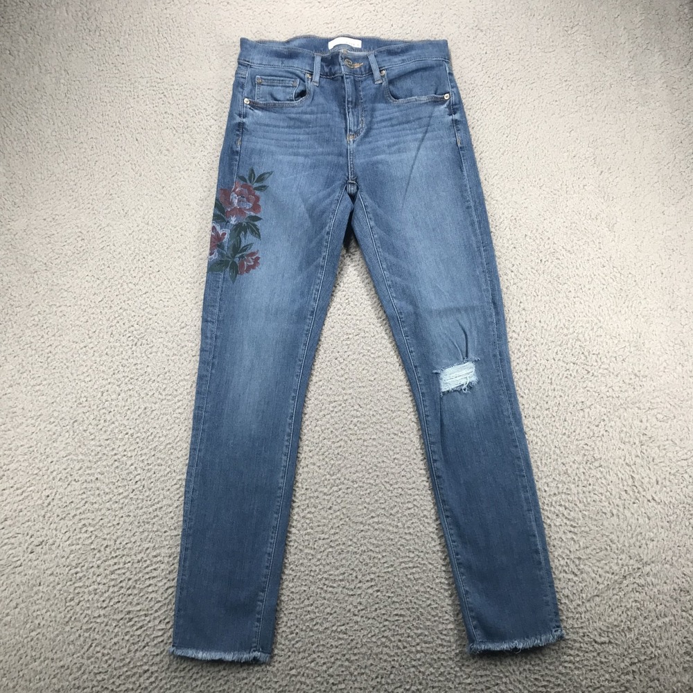 LOFT Jeans Women Size 25/0 Modern Skinny Printed Floral Distressed Raw Hem Denim